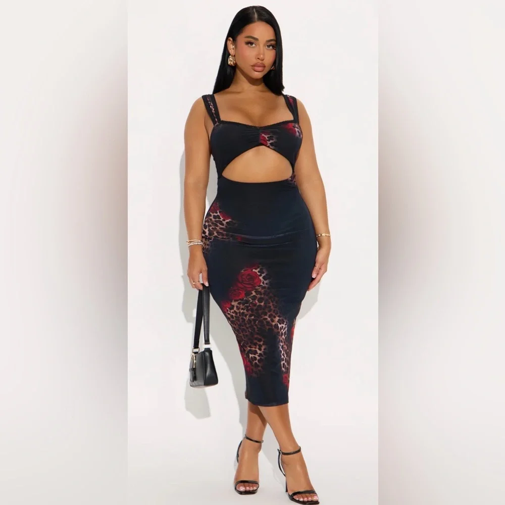 Fashion Nova Black and Red Midi Dress - Picture 1 of 5
